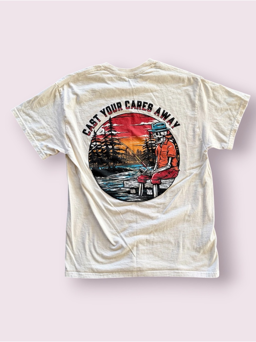 Retrofits Graphic T-Shirt Cast Your Cares Away Skeleton Fishing